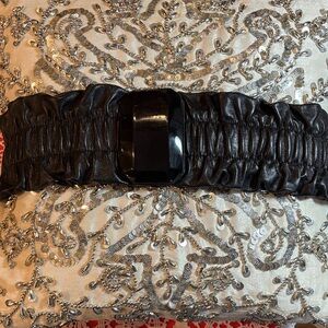 Black NETWORK Ruched Belt with Glossy Lucite Buckle